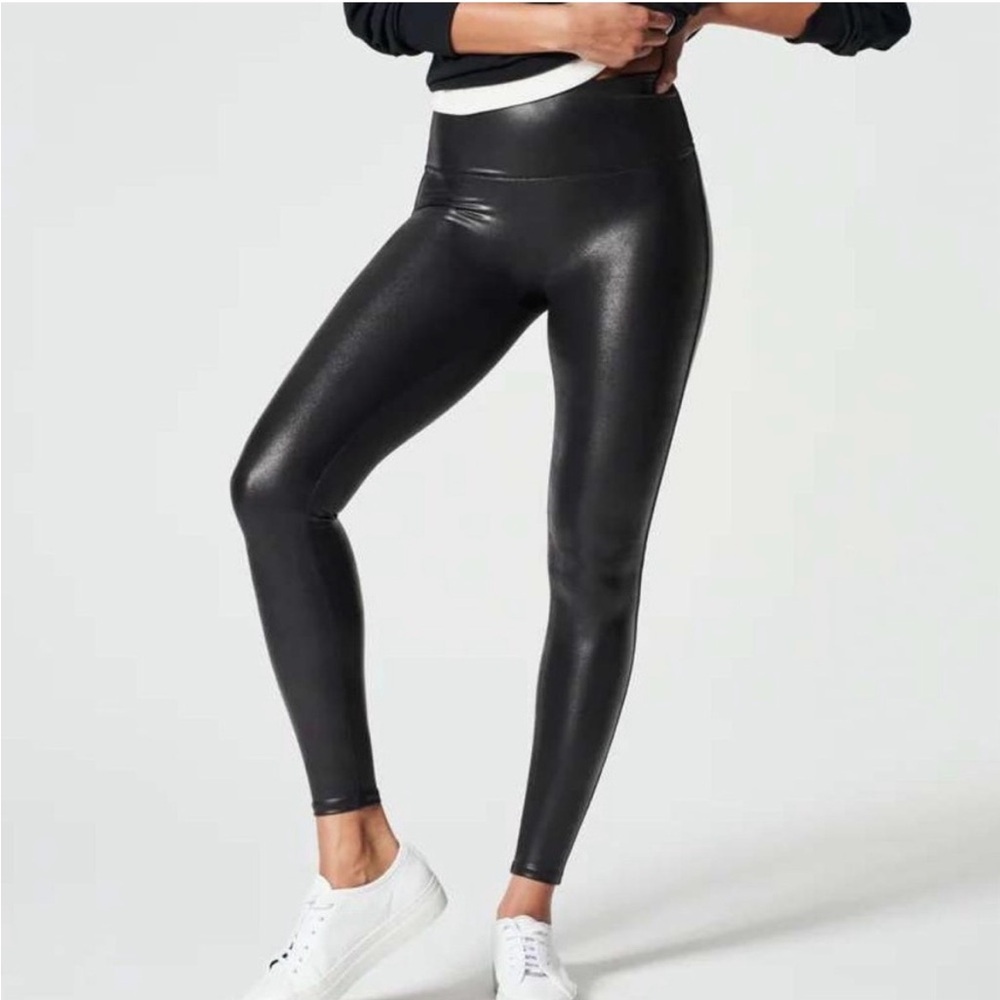 SPANX Faux Leather Shiny Black Leggings Sz L